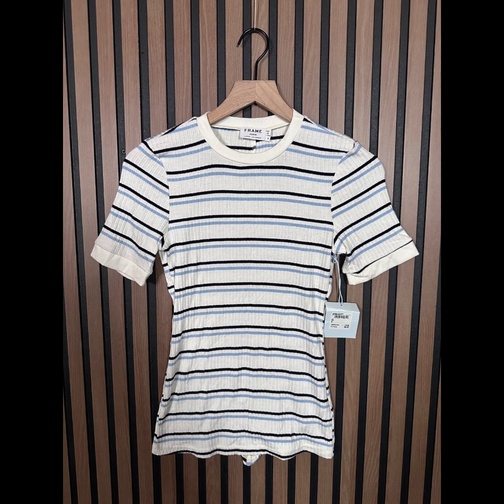 New Frame Sweater Small Womens Off White Multicolor Stripe Soft Knit Ribbed Fit